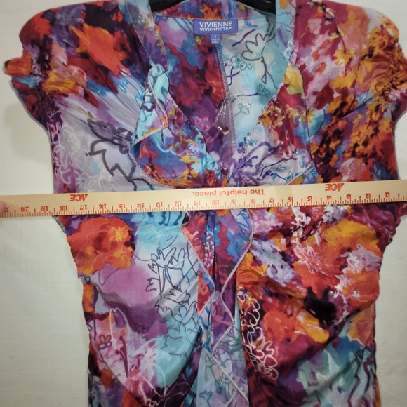 Vivienne Tam Silk Sleeveless Button Blouse Colorful Ruffle Floral Abstract 8 NEW - Picture 10 of 11